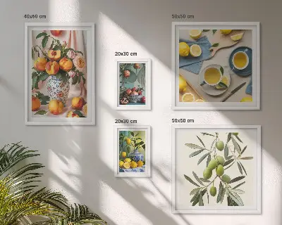 Framed photo set with rustic fruits and flowers decoration