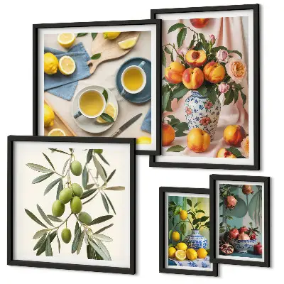 Framed photo set with rustic fruits and flowers decoration