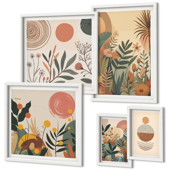 Set of 5 wall art pieces Abstract boho plant motifs
