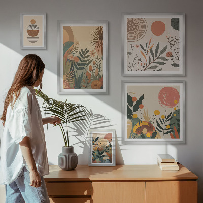 Set of 5 wall art pieces Abstract boho plant motifs