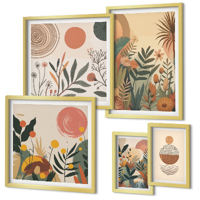 Set of 5 wall art pieces Abstract boho plant motifs