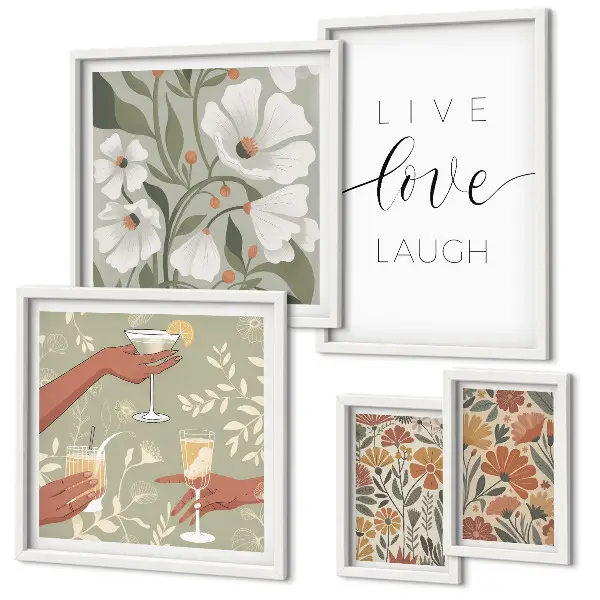 Set of 5 floral wall art pieces with stylish graphic slogans