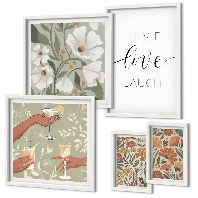 Set of 5 floral wall art pieces with stylish graphic slogans