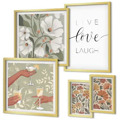 Set of 5 floral wall art pieces with stylish graphic slogans