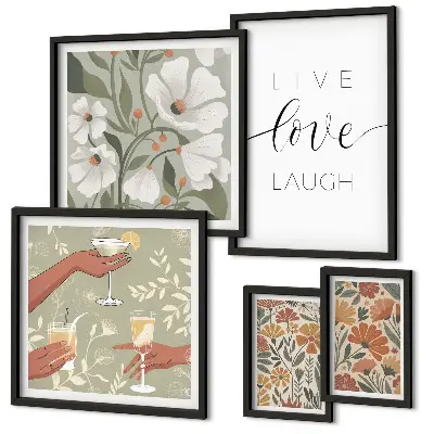 Set of 5 floral wall art pieces with stylish graphic slogans