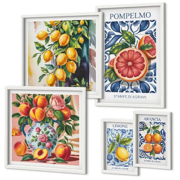 Set of 5 wall art pieces featuring sunny vintage citrus prints