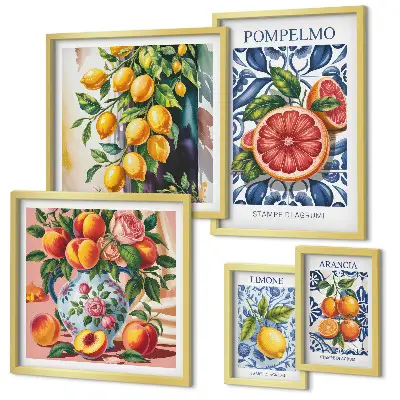 Set of 5 wall art pieces featuring sunny vintage citrus prints
