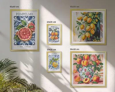Set of 5 wall art pieces featuring sunny vintage citrus prints