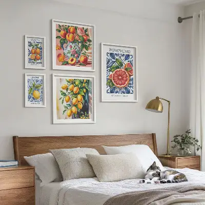 Set of 5 wall art pieces featuring sunny vintage citrus prints