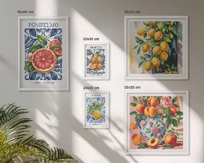 Set of 5 wall art pieces featuring sunny vintage citrus prints
