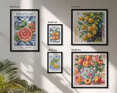 Set of 5 wall art pieces featuring sunny vintage citrus prints