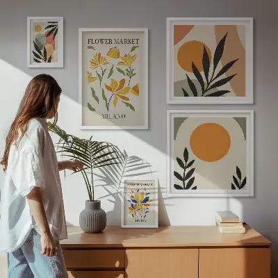 Set of 5 abstract flower boho wall art pieces boho style floral print set