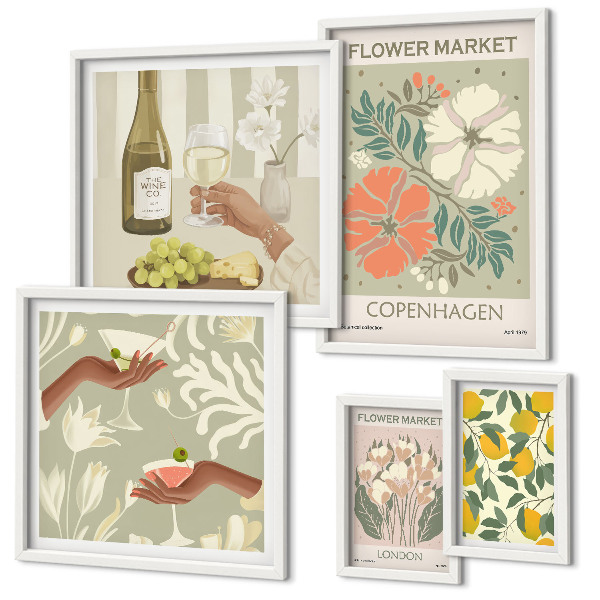 Set of 5 wall art pieces Flowers and fruits vintage style