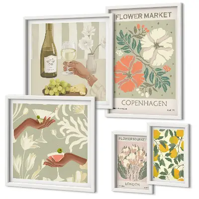 Set of 5 vintage style wall art pieces featuring flowers and fruits