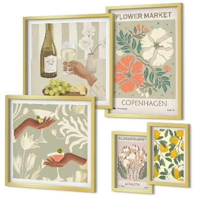 Set of 5 wall art pieces Flowers and fruits vintage style
