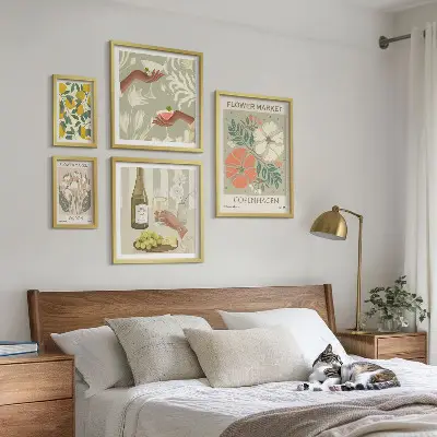 Set of 5 vintage style wall art pieces featuring flowers and fruits