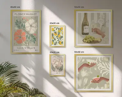 Set of 5 vintage style wall art pieces featuring flowers and fruits