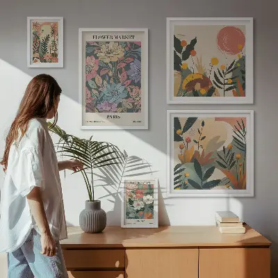Gallery wall art set with floral motifs of Paris and London