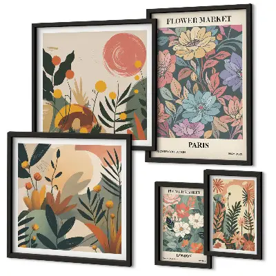 Gallery wall art set with floral motifs of Paris and London