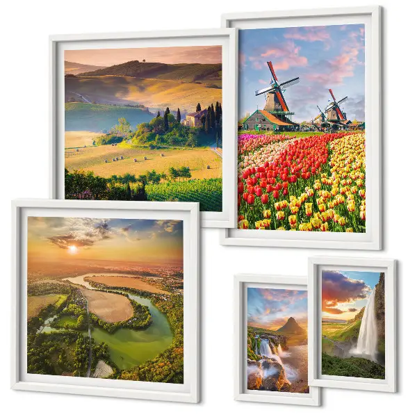 Gallery wall art set featuring nature landscapes with waterfalls and windmills
