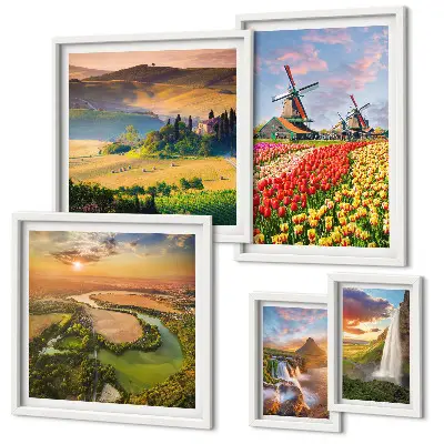 Gallery wall art set featuring nature landscapes with waterfalls and windmills