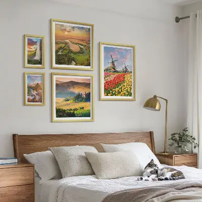 Gallery wall art set featuring nature landscapes with waterfalls and windmills