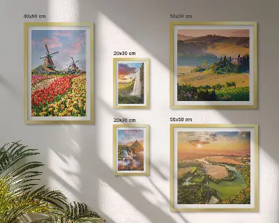 Gallery wall art set featuring nature landscapes with waterfalls and windmills
