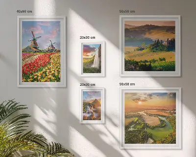Gallery wall art set featuring nature landscapes with waterfalls and windmills