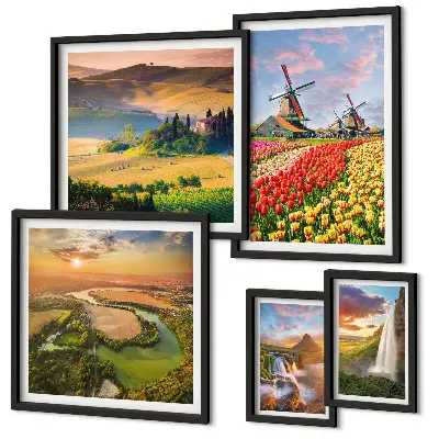 Gallery wall art set featuring nature landscapes with waterfalls and windmills