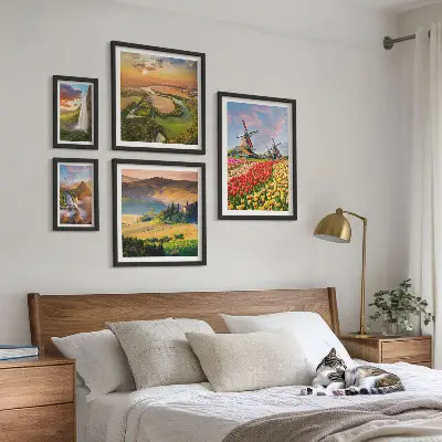 Gallery wall art set featuring nature landscapes with waterfalls and windmills