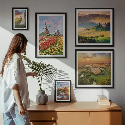 Gallery wall art set featuring nature landscapes with waterfalls and windmills
