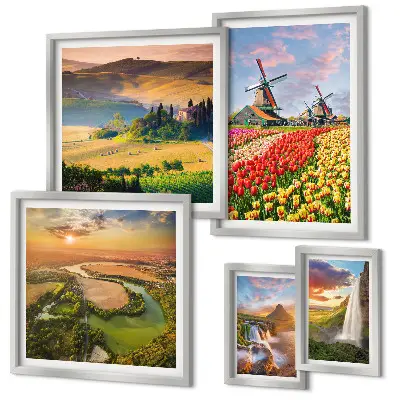Gallery wall art set featuring nature landscapes with waterfalls and windmills