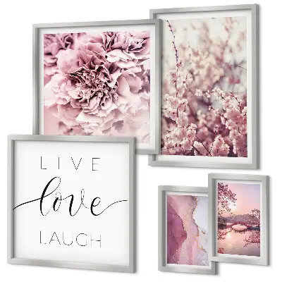 Framed photo set with floral motifs and pastel slogans