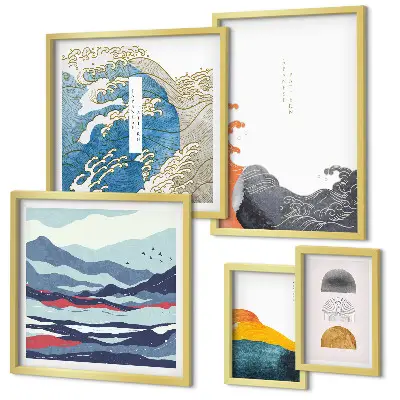 Japanese style gallery wall waves and mountains decorative art set