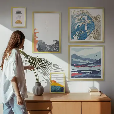 Japanese style gallery wall waves and mountains decorative art set