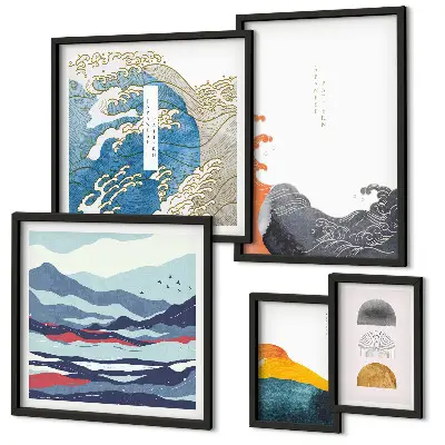 Japanese style gallery wall waves and mountains decorative art set