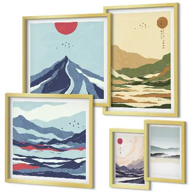 Set of 5 wall art pieces featuring mountain landscape nature scenes