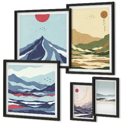 Set of 5 wall art pieces featuring mountain landscape nature scenes