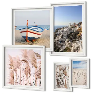Framed photo set landscapes, beaches, and white buildings