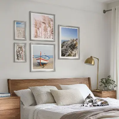 Framed photo set landscapes, beaches, and white buildings