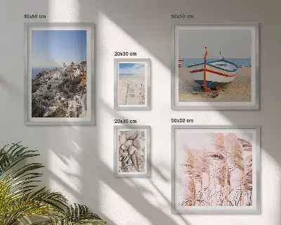 Framed photo set landscapes, beaches, and white buildings