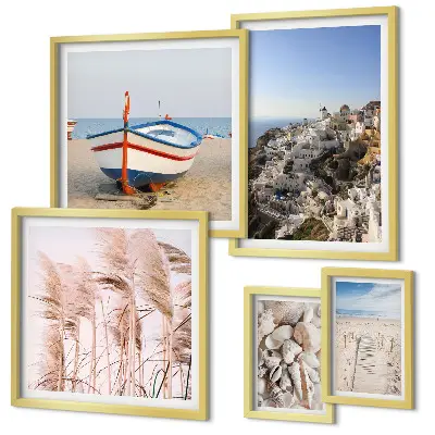 Framed photo set landscapes, beaches, and white buildings