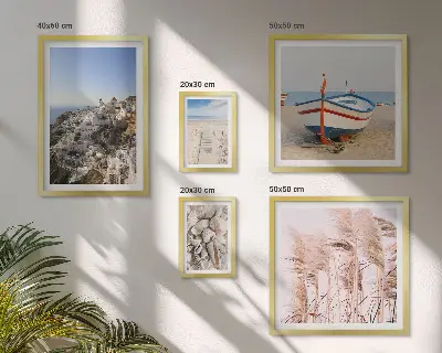 Framed photo set landscapes, beaches, and white buildings