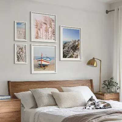 Framed photo set landscapes, beaches, and white buildings
