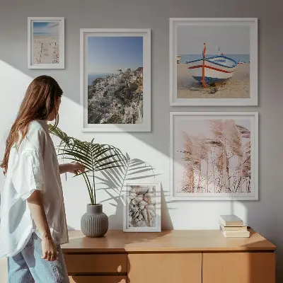 Framed photo set landscapes, beaches, and white buildings