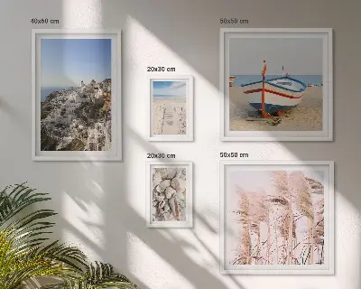 Framed photo set landscapes, beaches, and white buildings
