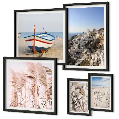 Framed photo set landscapes, beaches, and white buildings