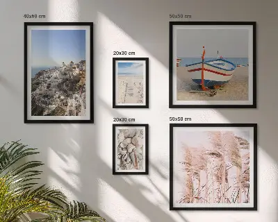 Framed photo set landscapes, beaches, and white buildings