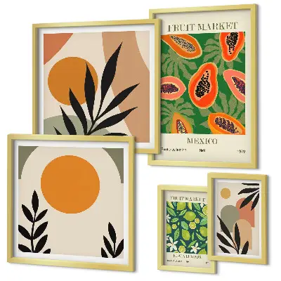 Set of 5 wall art pieces with tropical fruit retro motifs