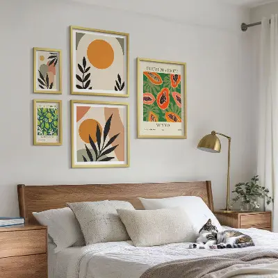 Set of 5 wall art pieces with tropical fruit retro motifs